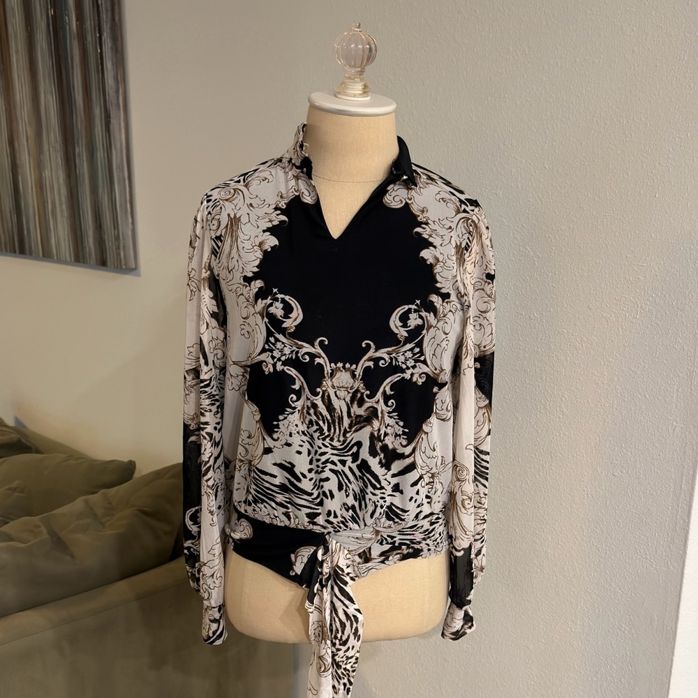 Ember Women’s Blouse Top Black White Baroque Print Long Sleeve Tie Front medium